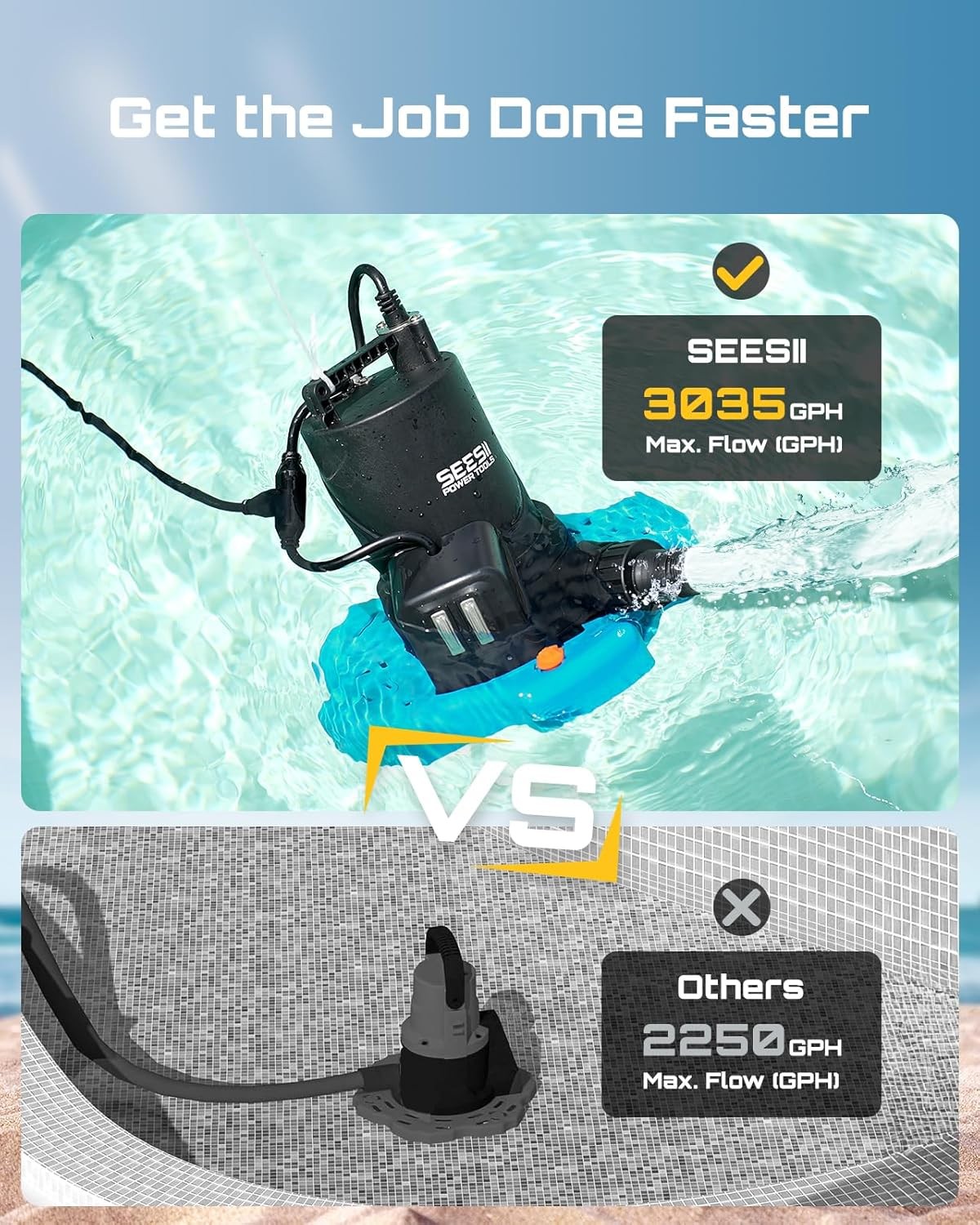 SEESII Automatic On/Off 1/3HP Pool Cover Pump 3035GPH Submersible Water Pump