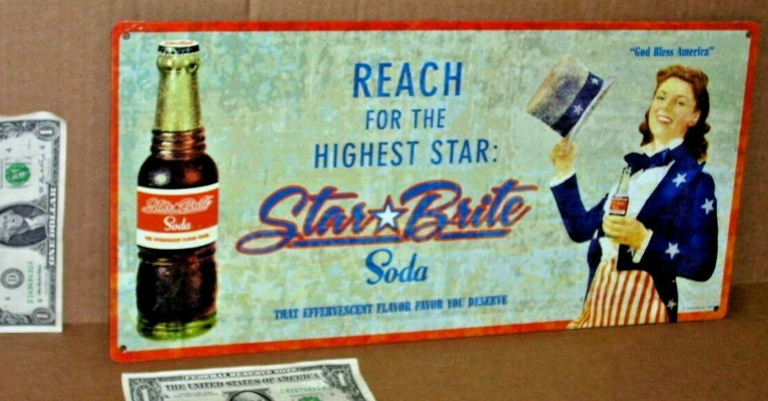 STAR BRITE SODA - TIN SIGN - Shows PRETTY GIRL - Drinking from OLD GLASS BOTTLE