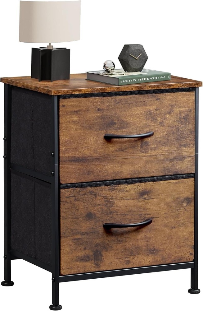 Rustic 2 Drawer Nightstand with Fabric Bins - Multi-Purpose Room Organizer
