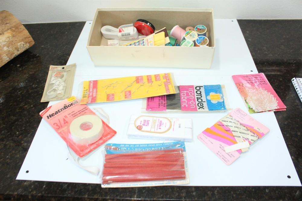 Vintage Sewing Makings Lot Box - Elastic, Thread, Needles + More