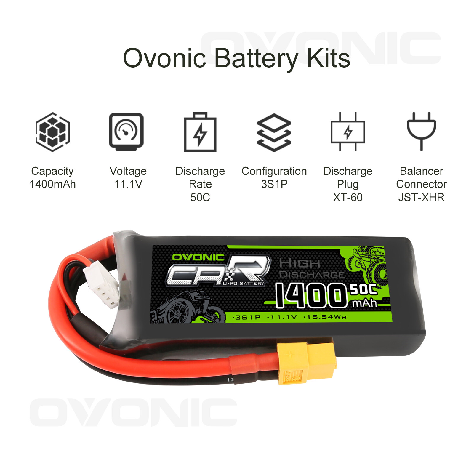 OVONIC 11.1V Lipo Battery 3S 50C 1400mAh W/ XT60+TRX for E-Revo VXL 1/16 traxxas