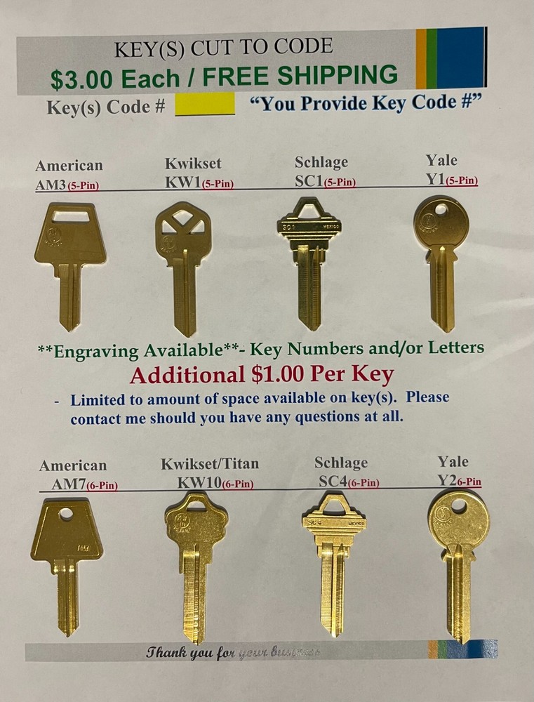 Kwikset Schlage American Yale - Keys Cut to Code - Computerized Cut - 4 Total
