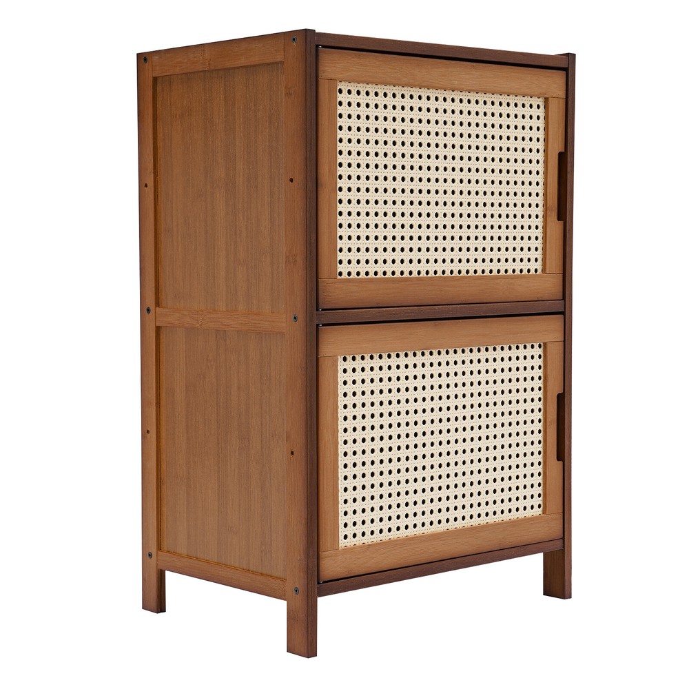 Nightstand With Decor Drawers Rattan Pattern End Table - Bamboo Sofa Side Table