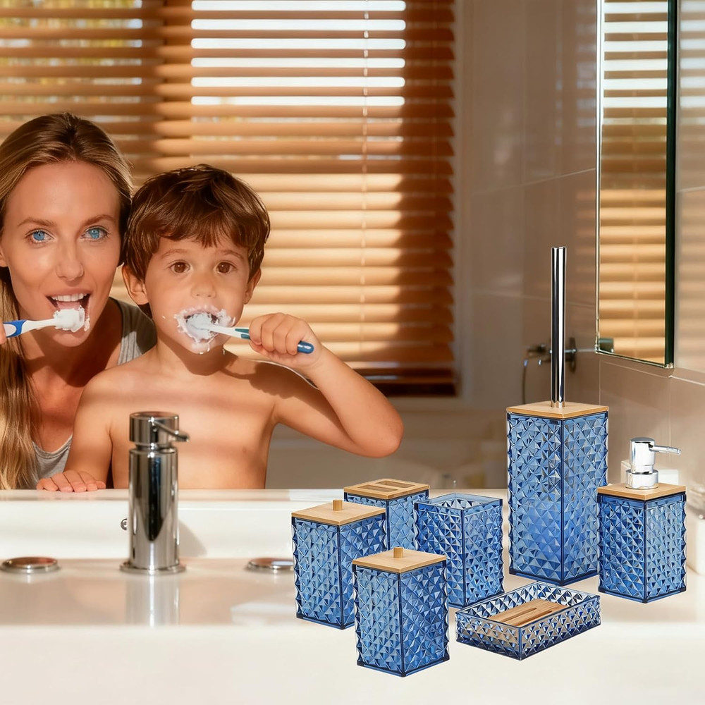 Bathroom Accessory Set,7 Pcs Blue Bathroom Set Include Soap Dispenser, Qtip Hold