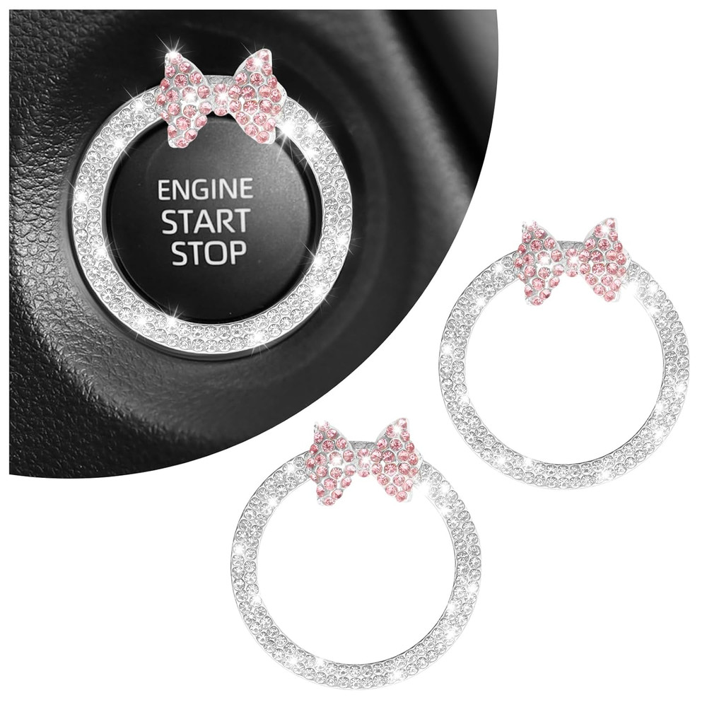2PCS Pink Bow Car Engine Start Button Cover,Bling Cute Car Push to Start Button