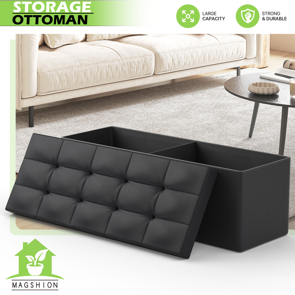 43" Black Storage Ottoman Rectangular?Upholstered PU Leather Seat Lift Top Stool