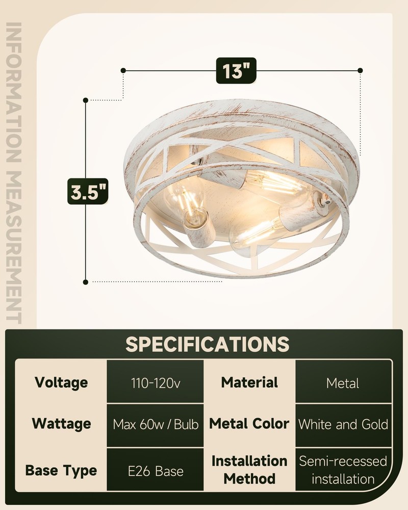 1 Pack Flush Mount Ceiling Light, 3-Light Close to Ceiling Light Fixtures, 13...