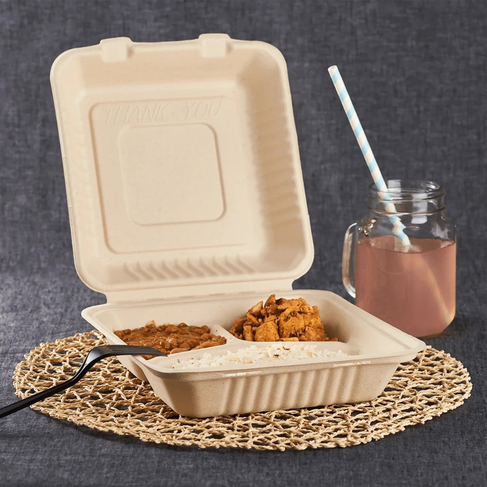 (150/Count) 9" x 9" -3 Compartment Take-Out Containers–100% Compostable, Natural