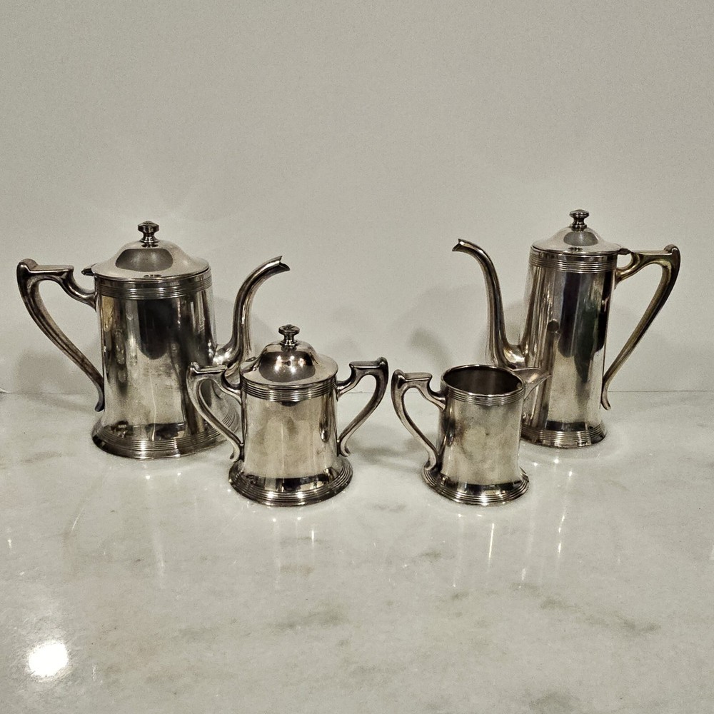 Poole Silver Co Sheffield Silverplated Coffee Tea Pot, Sugar Creamer 4 piece set