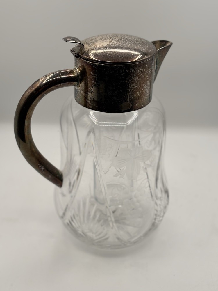 Antique Interwar Crystal Pitcher w/ Silvered Metal Lid & Handle – Ice Insert