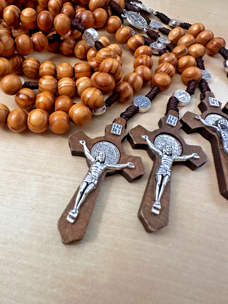 Saint Benedict Wooden Beads Rosary with INRI Crucifix & Medal Catholic Prayer 4x
