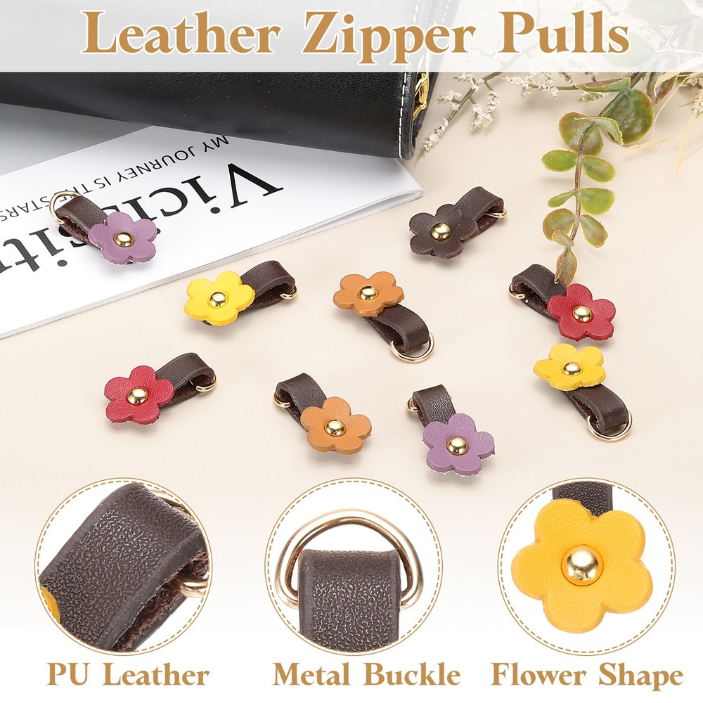 5Pcs Leather Zipper Pull, 1.38" Zip Puller Flower Shape(Yellow/Gold)