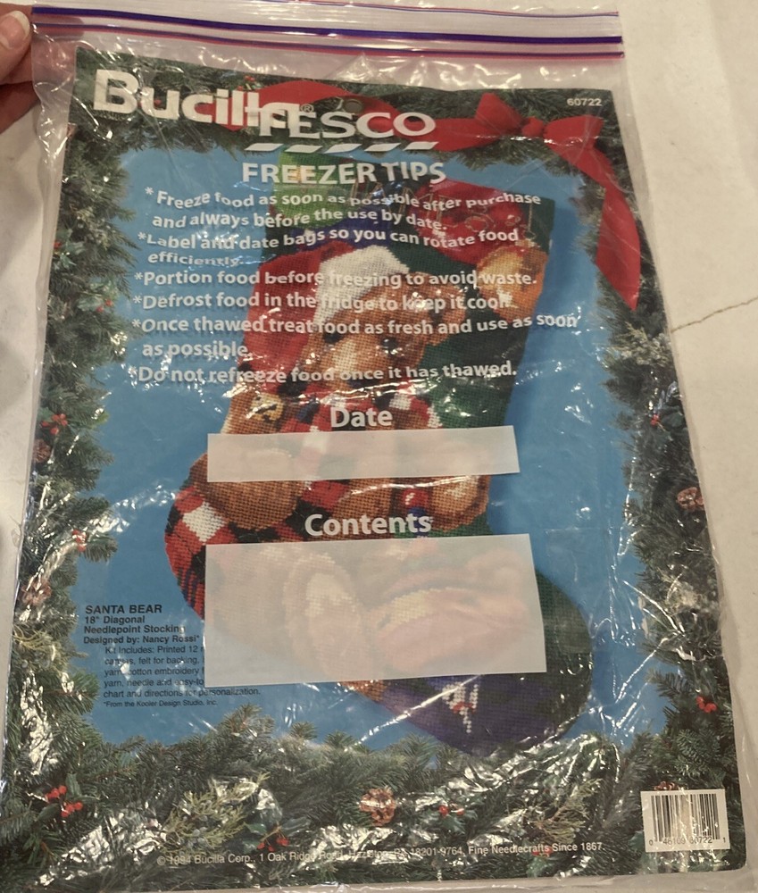 Bucilla SANTA BEAR Needlepoint Christmas Stocking Kit 60722 1994 Missing Thread
