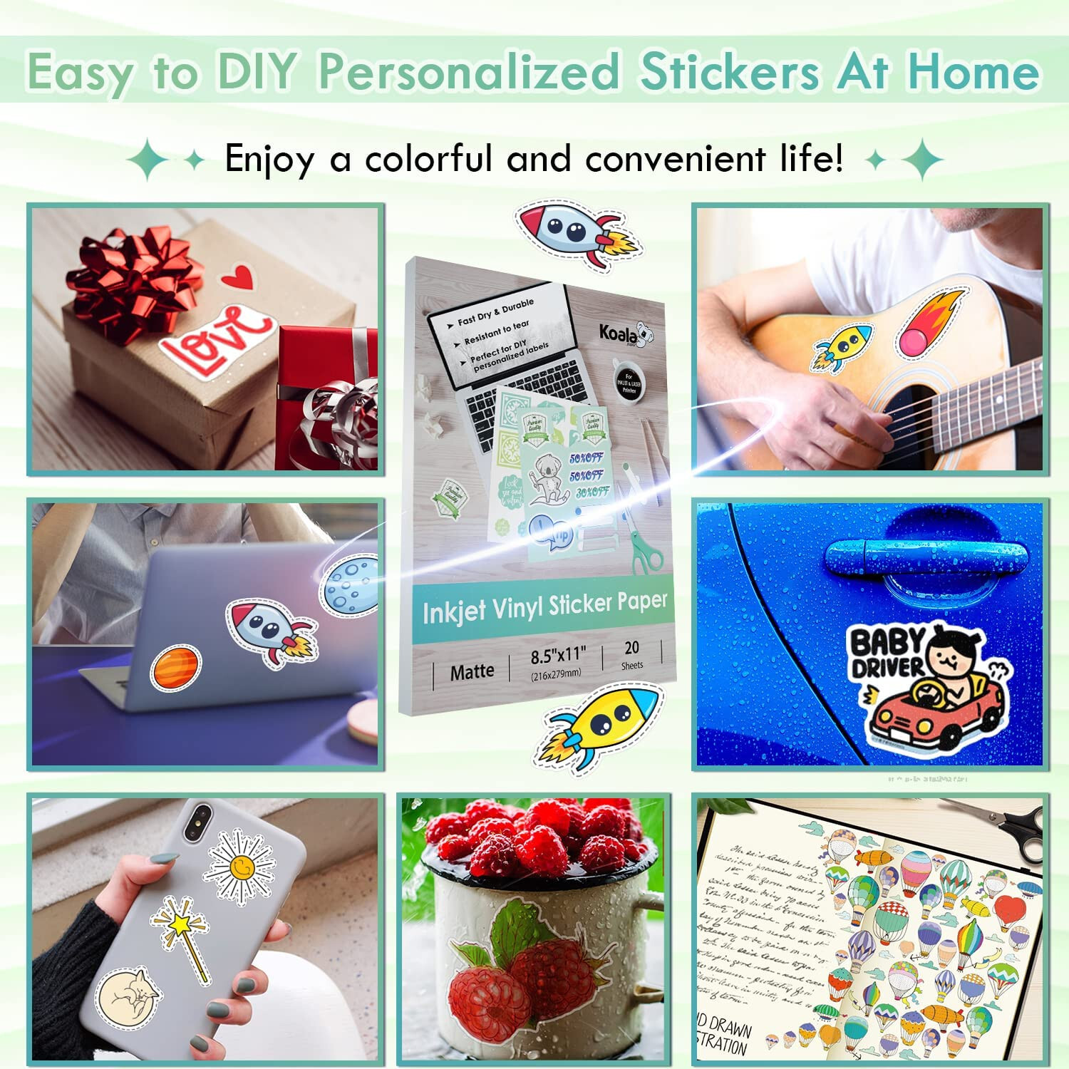 Koala Printable Vinyl Sticker Paper for Inkjet Printer Matte White Waterproof 20