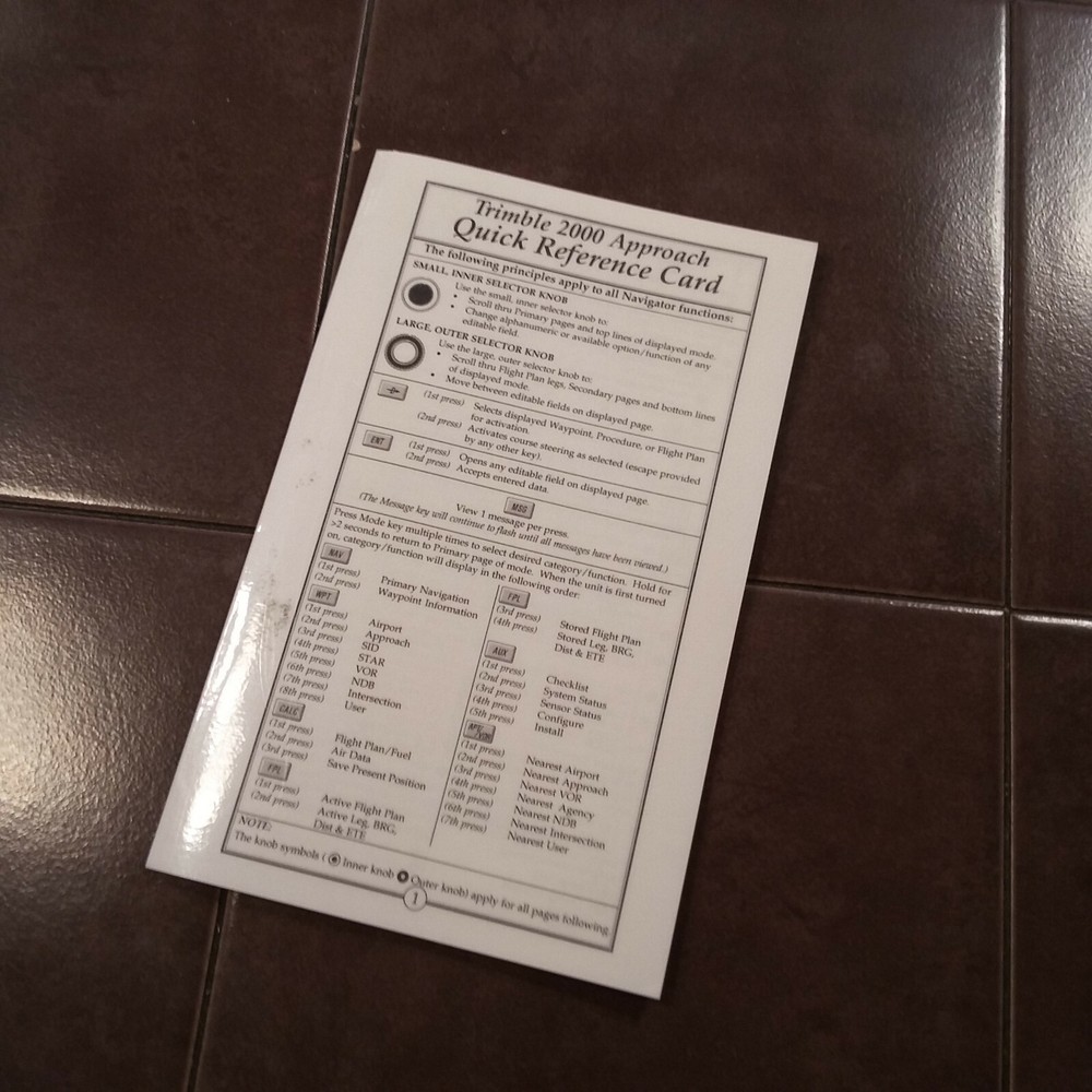 Trimble GPS 2000 Approach Quick Reference Tri-Fold Card.