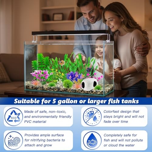 Aquarium Decorations Set, 16Pieces Artificial Plastic Plants & Smooth Fish