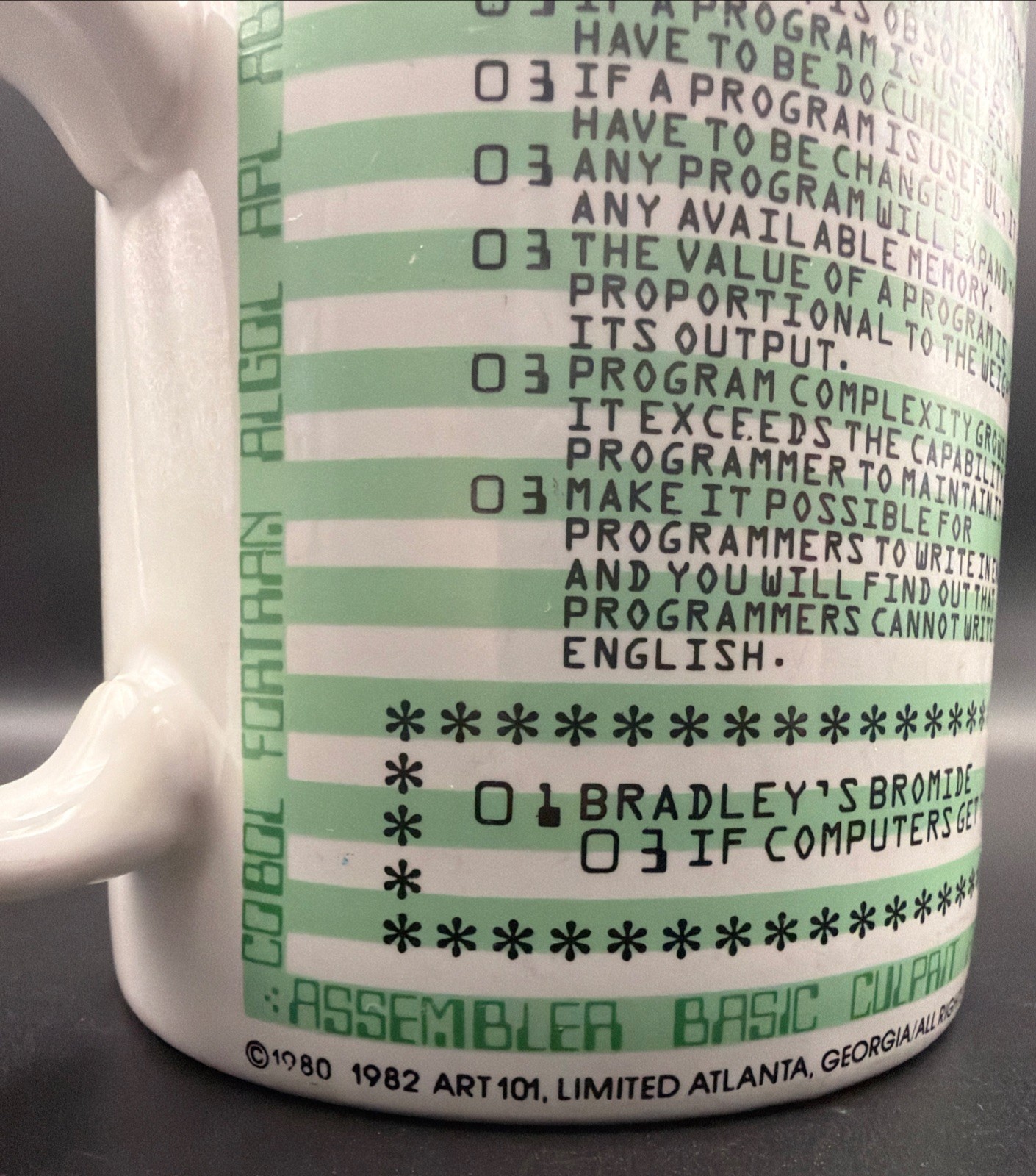 Vtg 80s Kenneth Grooms Laws Of Computer Programming 1982 Mug Printer Paper Funny