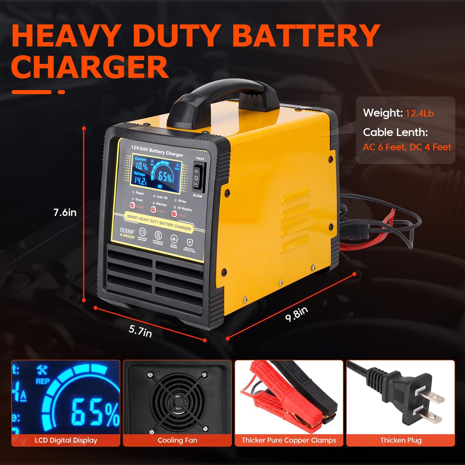 12V & 24V Car Battery Charger Heavy Duty, 0-15A Automatic Battery Maintainer