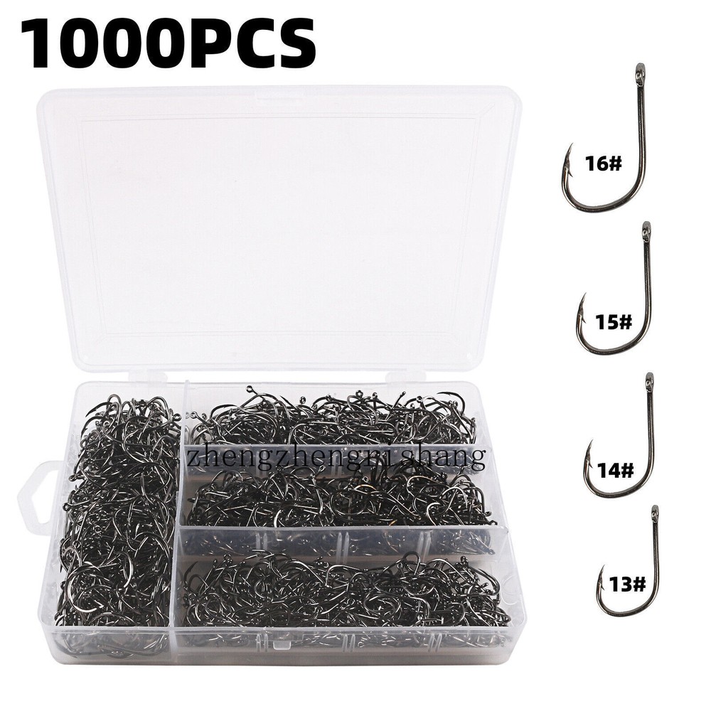 1000pcs Fish Hooks 4 Sizes 13#-16# Fishing Black Silver Sharpened With Box kit