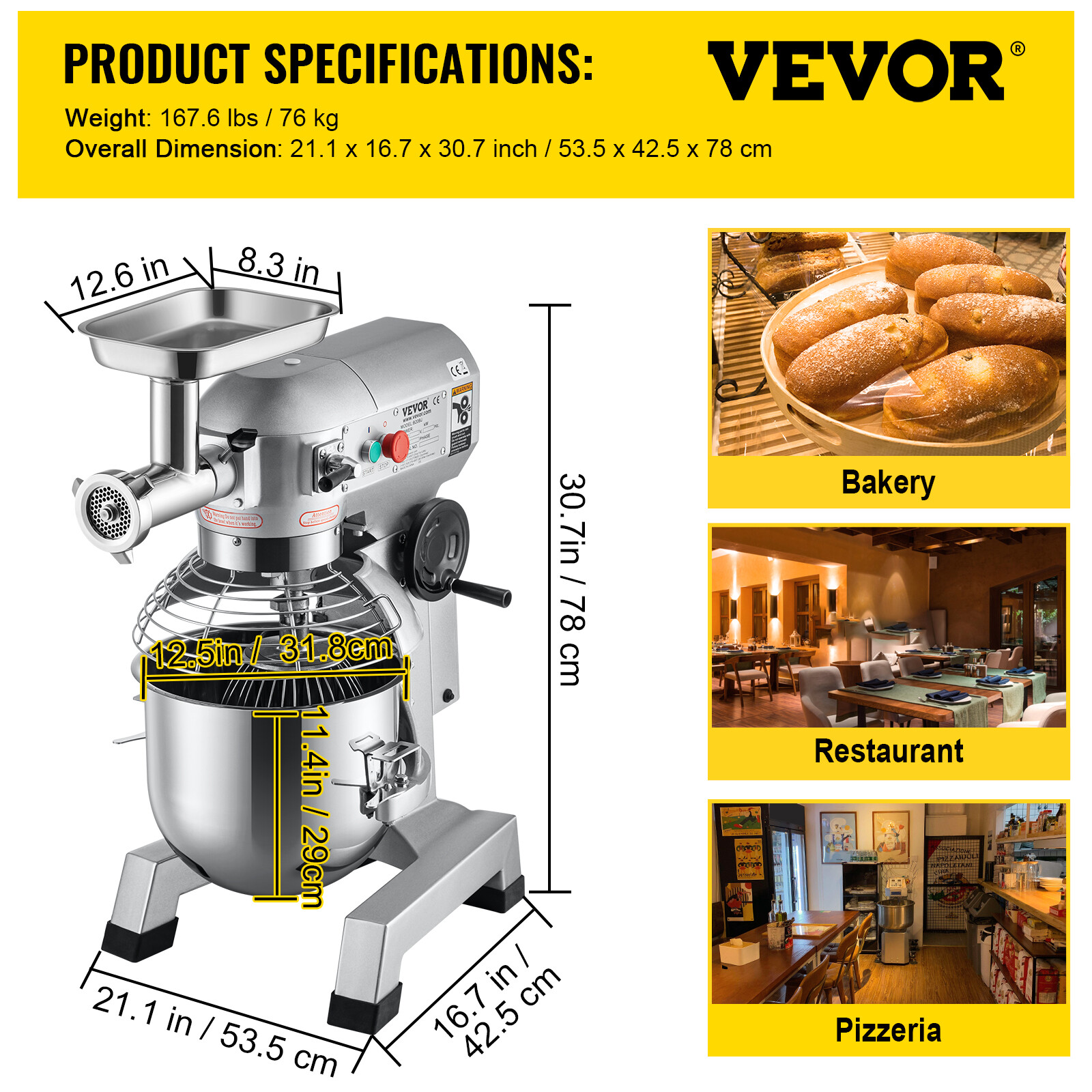 VEVOR Commercial Food Mixer with Meat Grinder 20Qt 3 Speeds Pizza Bakery 1100W