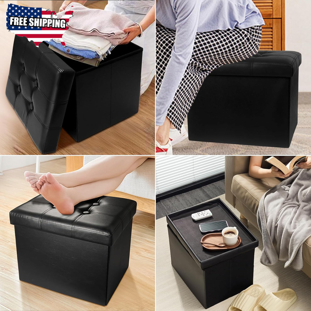 Storage Ottoman Folding Foot Rest Stool, Leather Footstool Bench ✅
