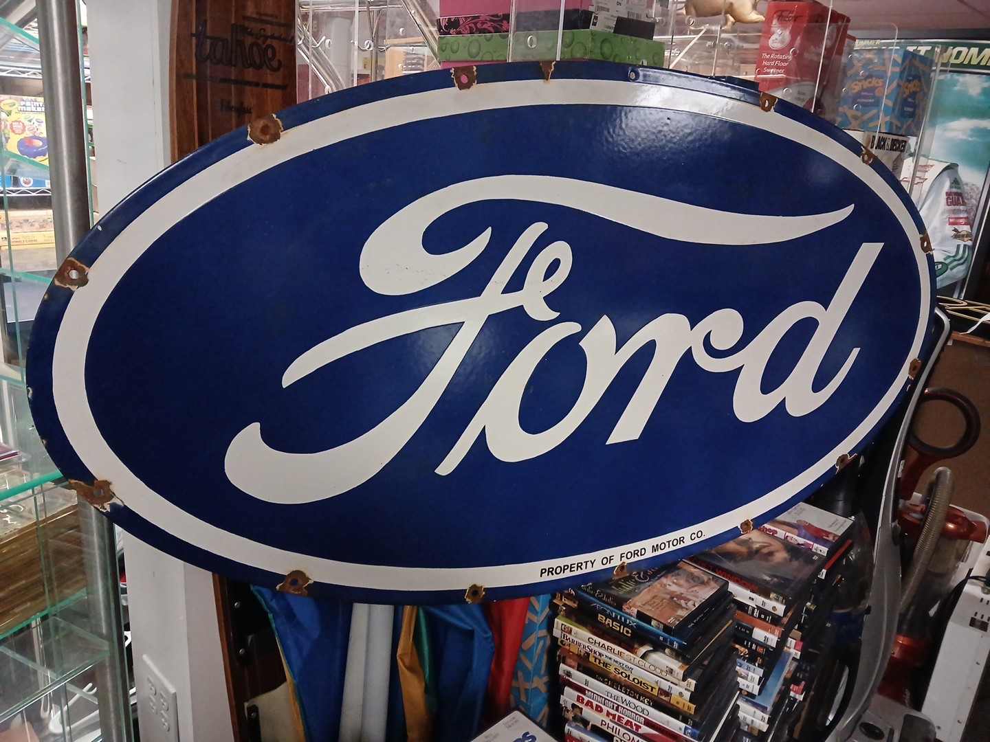 VINTAGE LARGE FORD PORCELAIN METAL SIGN 4FT CAR TRUCK AUTO DEALER SALES SERVICE