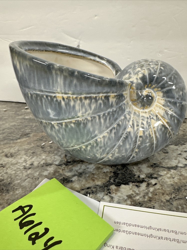 Barbara King 7" Glazed Ceramic Seashell Planter Mottled Beach Ocean Blue/gray