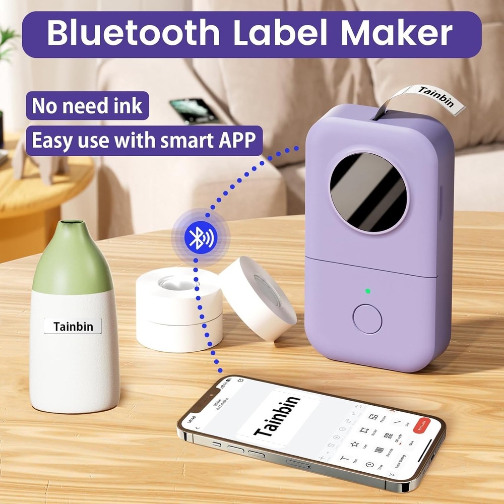 Portable Mini Thermal Label Printer with Bluetooth and Rechargeable Battery