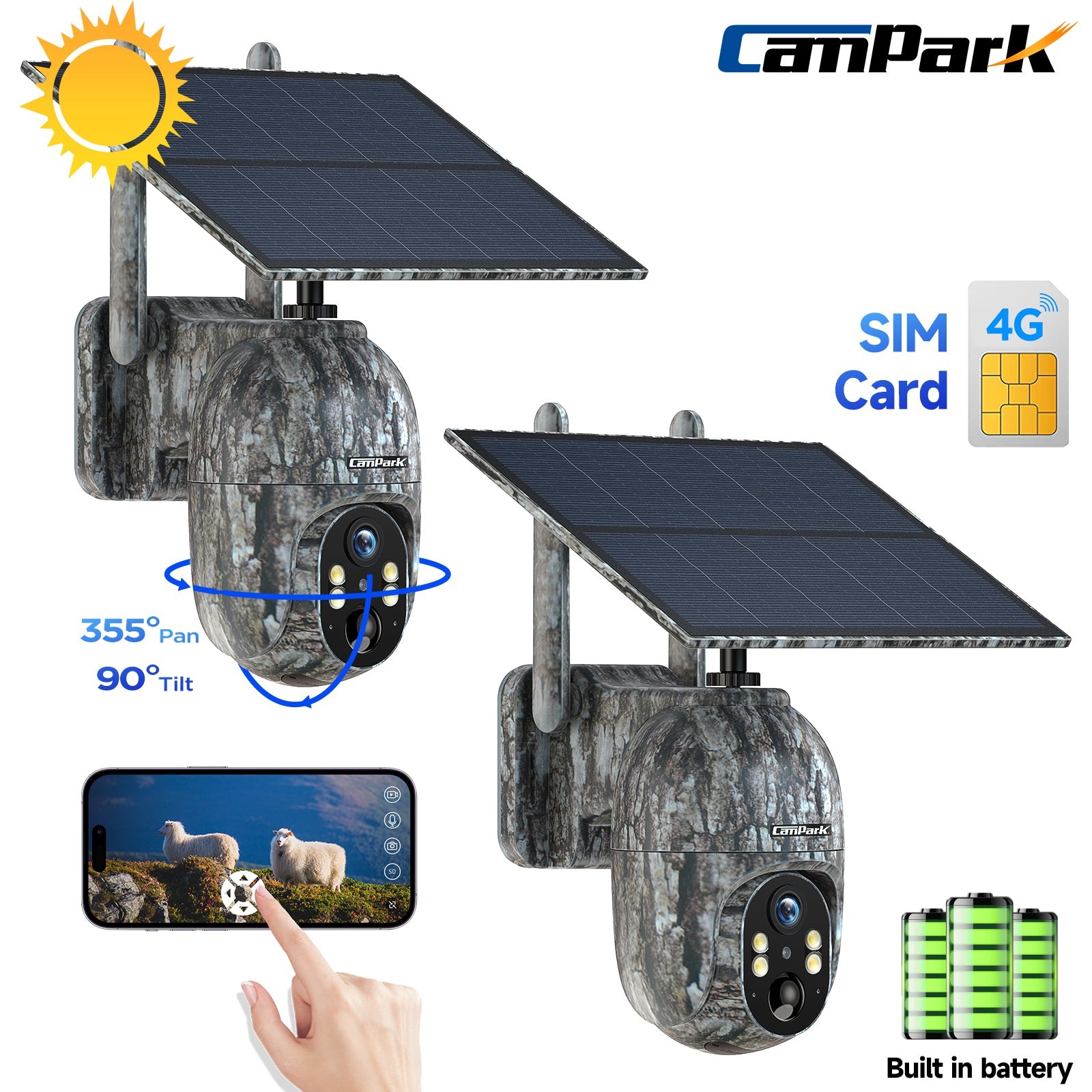 2Pack Solar Powered 4G LTE Cellular 2K PTZ Trail Camera Hunting Cam + SIM Card