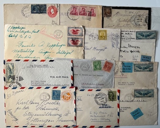 USA / 53 COVERS BY AIR MAIL FROM USA TO EUROPE BETWEEN 1910 & 1940 FOR STUDIES