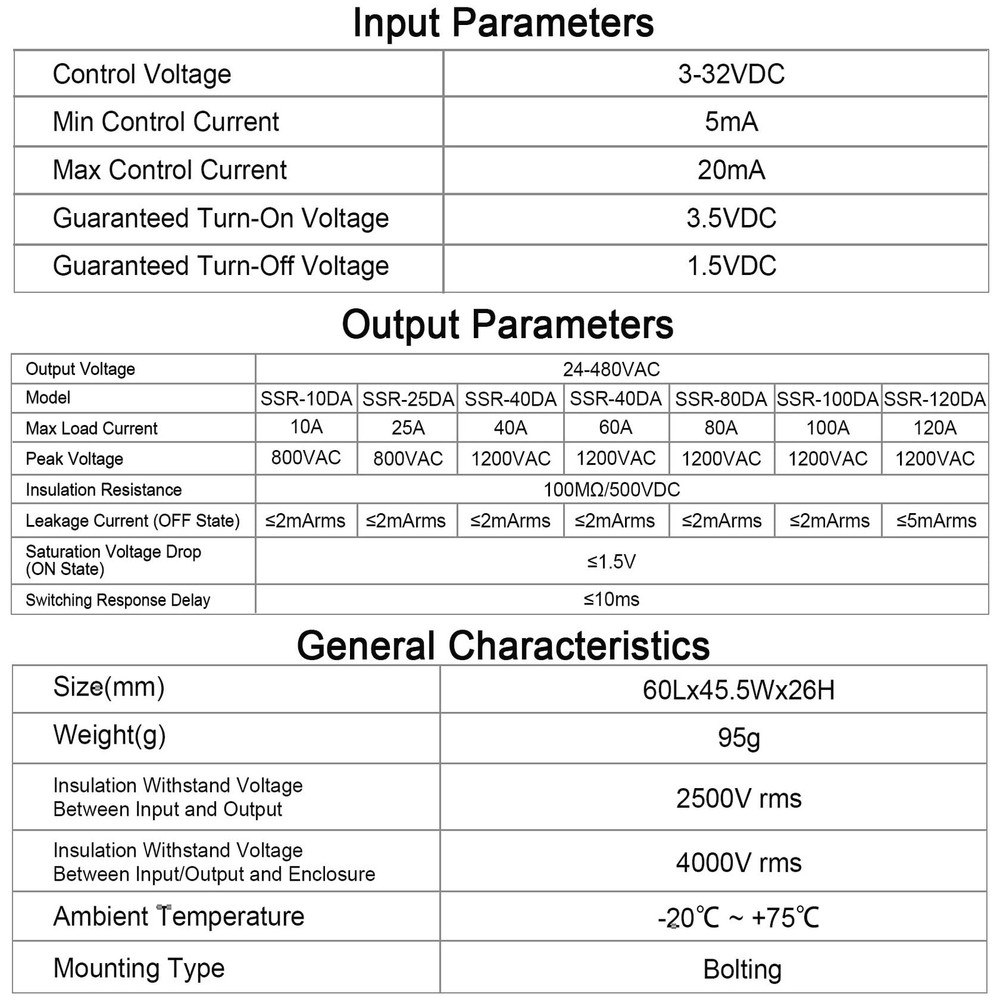 Single Phase Solid State Relay SSR40DA Input 432VDC Output 24480VAC 40A