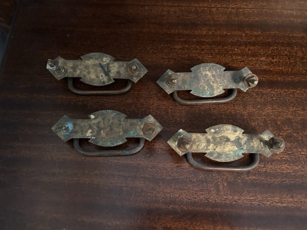 4 Antique Brass Embossed Drawer Pull Handles 3 1/8” Screw Width 4.25” Wide
