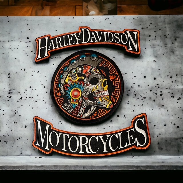 Harley Davidson Rocker Patch Set with Aztec Skull Center