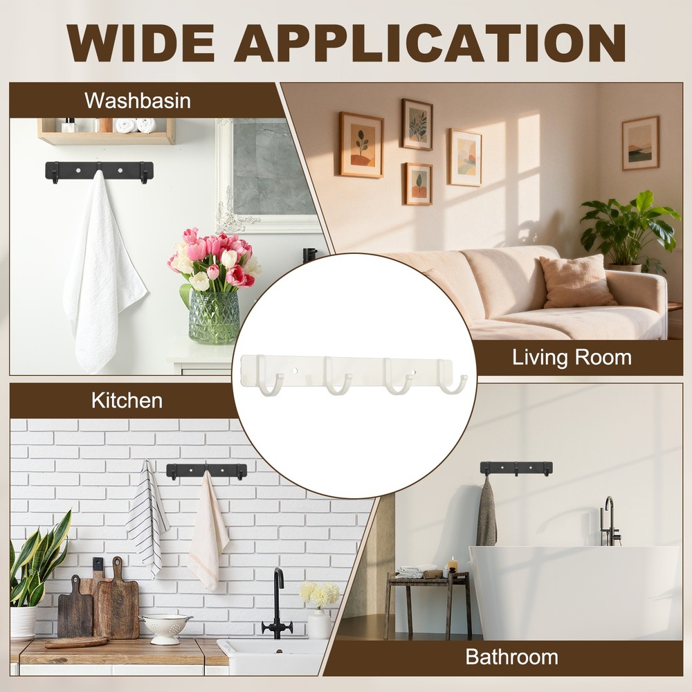 Towel Hook Rack, 10 Inch Wall Mount Coat Rack Rustproof, White 4 Hooks