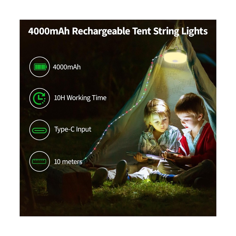 Camping String Lights, 4000mAh Rechargeable Tent Lights String with... Fast Ship