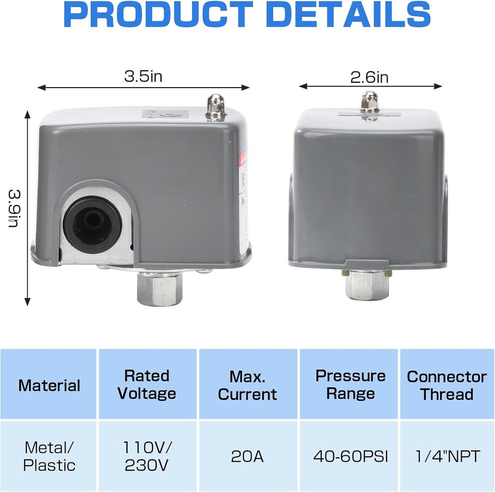 D-HONOR Water Pump Pressure Switch, Adjustable Pressure Controller KRS-3 40-60 P