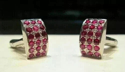 14k White Gold Plated 2.50Ct Round Lab-Created Red Ruby Cluster Cufflinks Men's