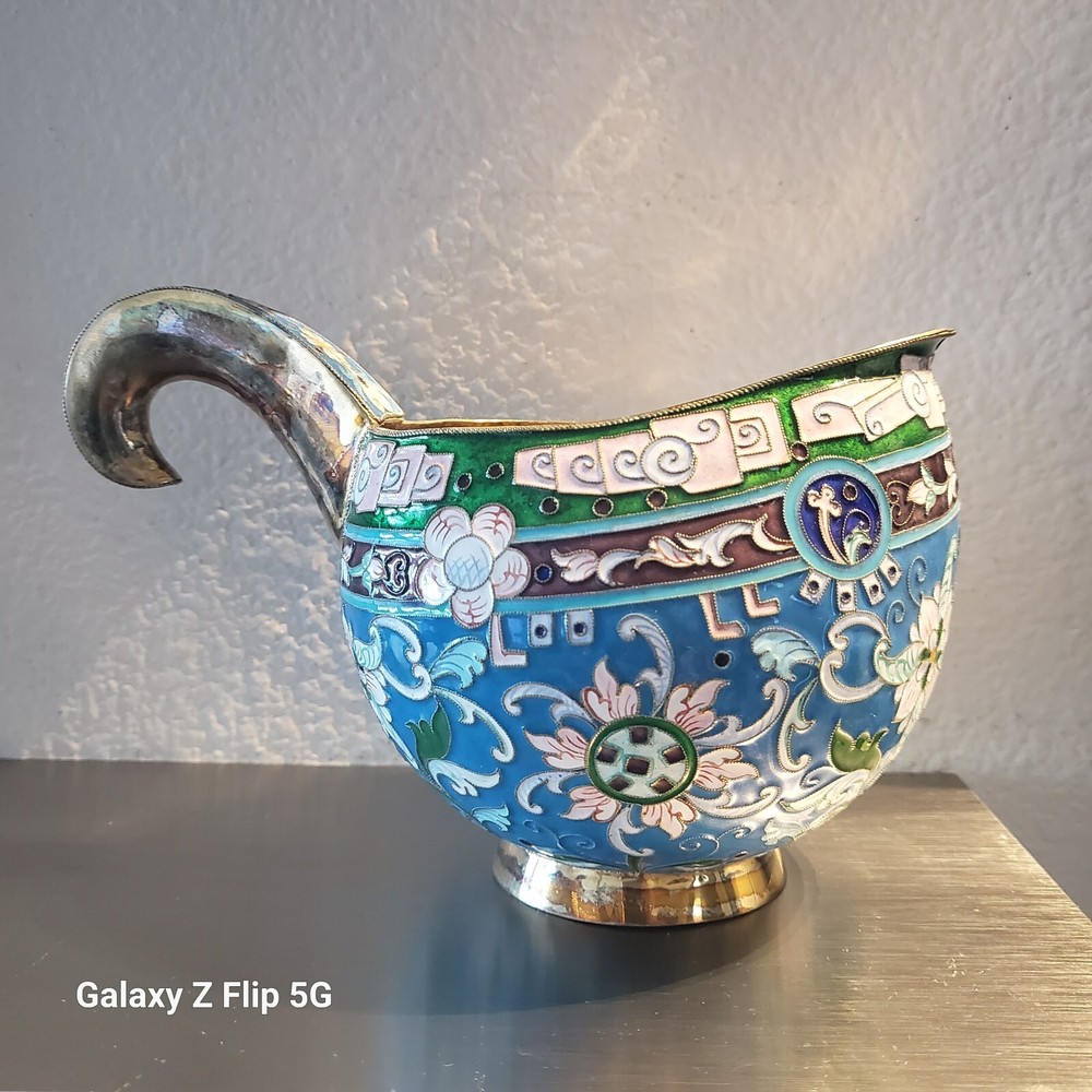 LARGE EXCEPTIONAL ANTIQUE  IMPERIAL RUSSIAN SILVER ENAMEL KOVSH