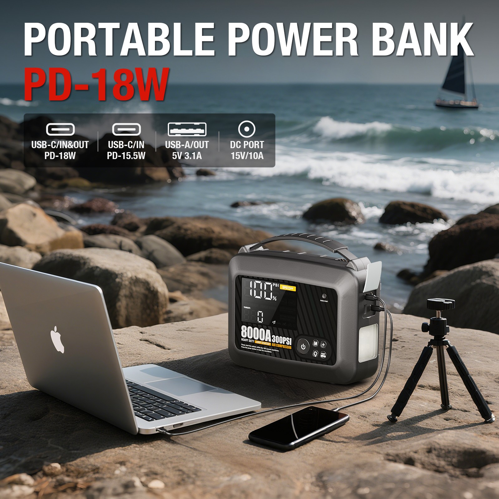 Truck Heavy Duty 8000A Jump Starter with Air Compressor Power Bank Battery Safe