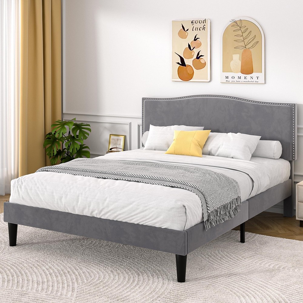 Full Bed Frame, Platform Bed Frame with Adjustable Height Upholstered Headboa...