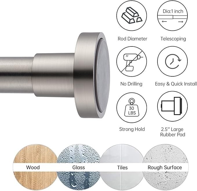 No Drill Shower Curtain Rod 43–73" 1'' Diameter Tension Stainless Steel Nickle
