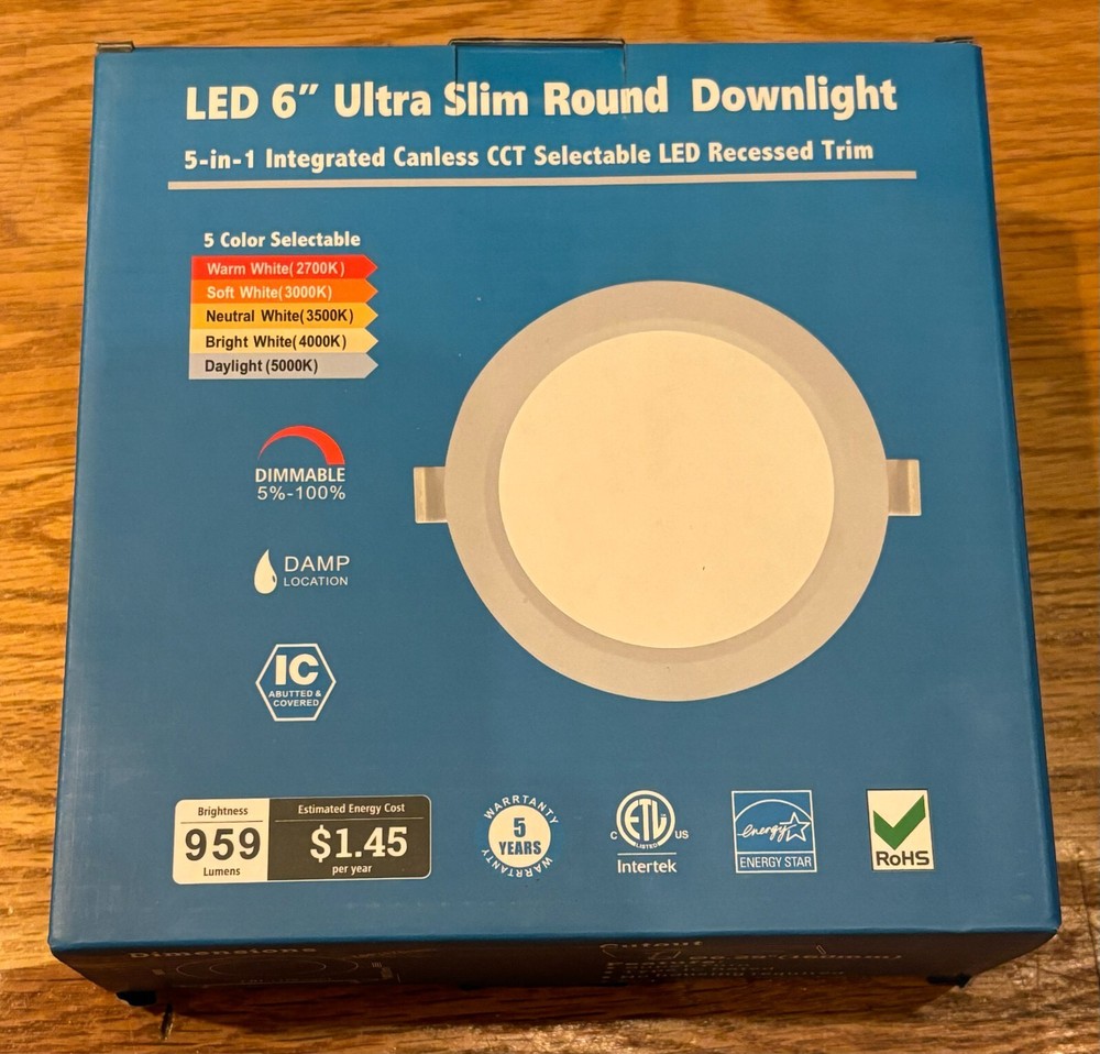 6 Inch Ultra-Thin LED Recessed Ceiling Light with Junction Box, 2700K/...