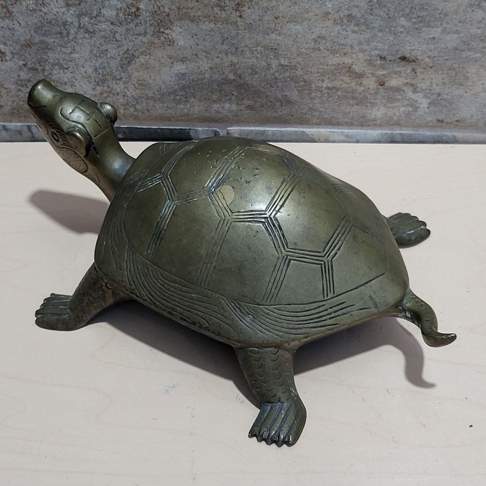 Vintage Etched Solid Brass Turtle Longevity Animal Tortoise