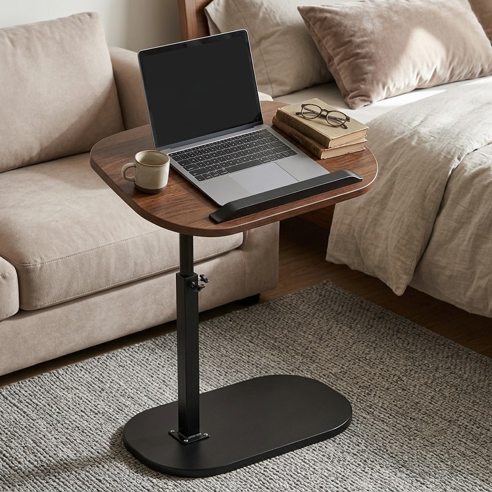 Walnut Height Adjustable Swivel Side Table, C-Shaped Sofa End Table