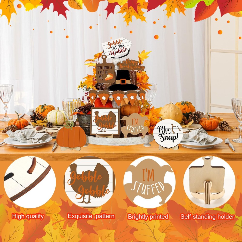19 Pcs Fall Tiered Tray Decor Set Thanksgiving Decorations Pumpkin Maple Leaf...