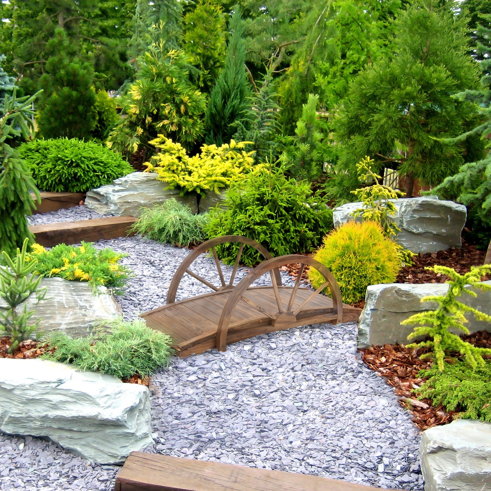 3.3ft Wooden Garden Bridge Arc Stained Finish Walkway with Half Wheeled Railings