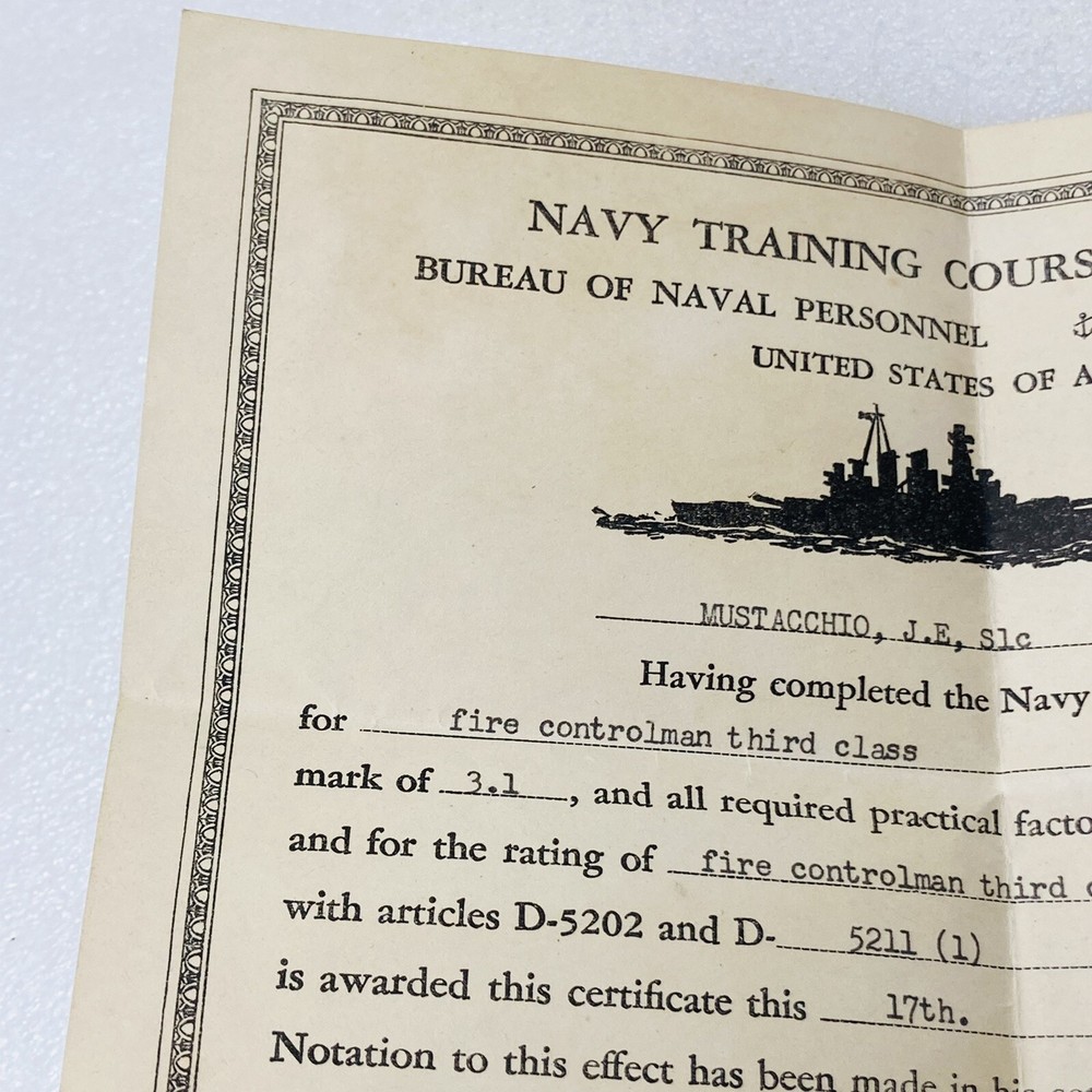 VTG‼ US Navy Training Course Certificate WWII Fire Controlman 3rd Class 1945