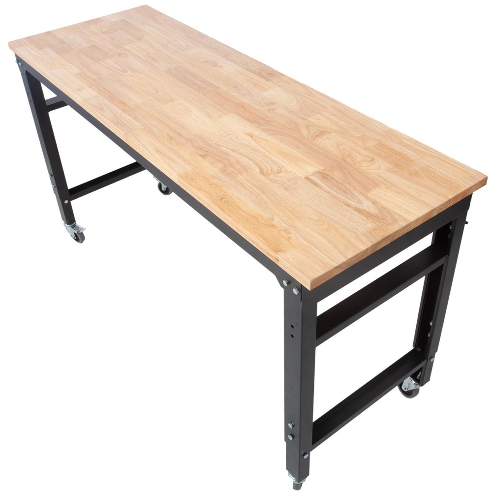 Adjustable Height 60" Rolling Workbench Metal Rubberwood Top