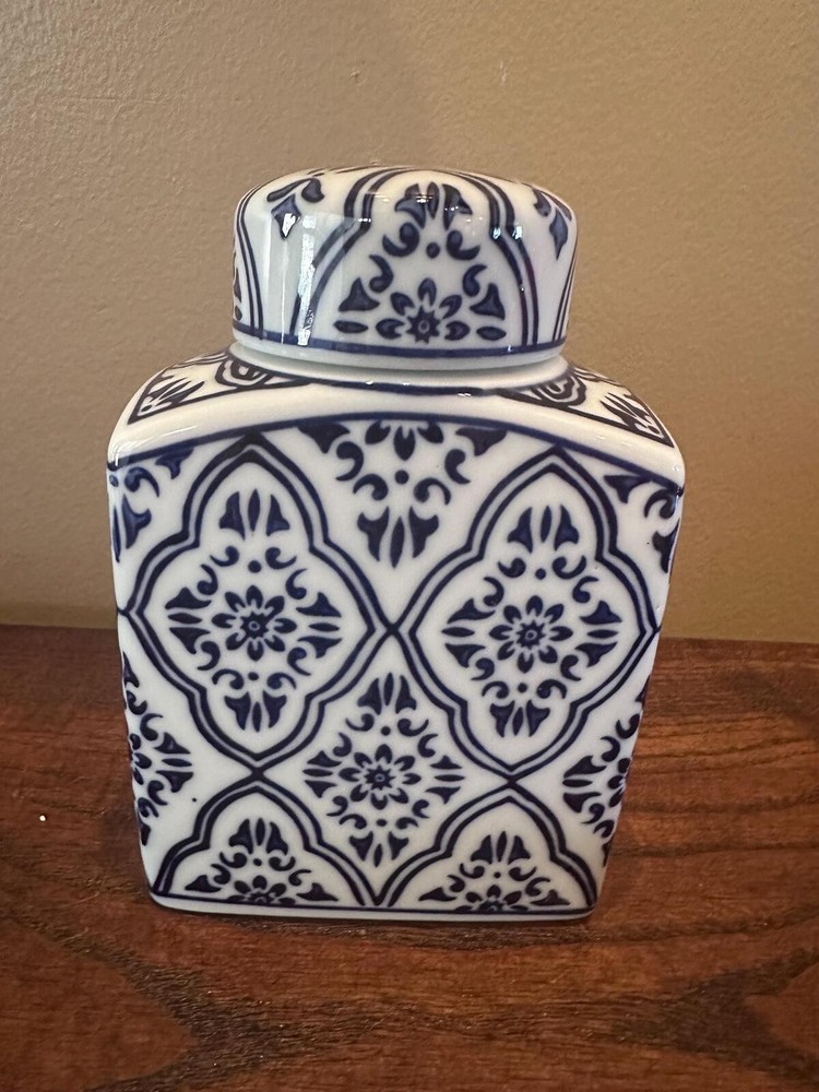 Blue and White Patterned Square Ginger Jar