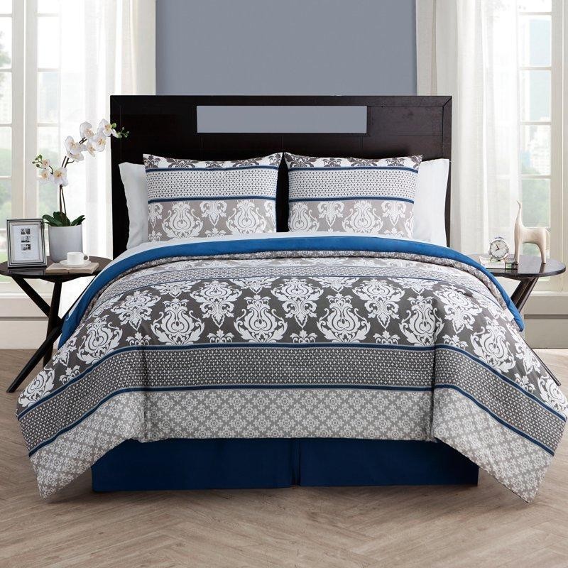 Damask 8-Pcs Queen Bedding Set Soft Microfiber Machine Washable Elegant Blue New